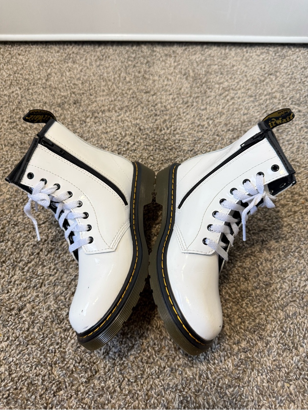 Dr. Martens White Patent Lace-Up Combat Boots with Black Trim - Picture 2 of 7